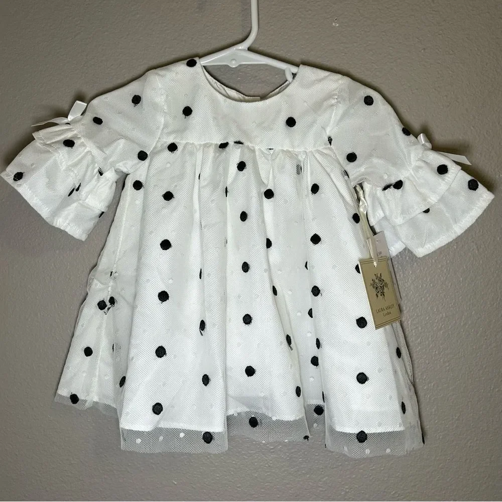 NEW Laura Ashley Infant White Black Polka Dot Dress Baby Girl’s Size 3-6 Months